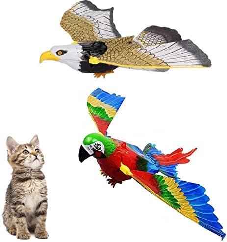 2 יחידות עף ציפור חתול צעצוע, סימולציה ציפור אינטראקטיבי חתול צעצוע, חתול משעשע צעצועי עם אורות וצלילים