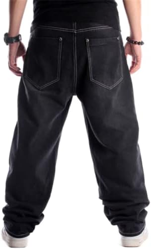 Veroders Hip Hop Hip Hop's Jeans שחורים- מכנסי סקייטבורד רופפים מכנסיים ישר מחליק ישר ג'ינס כחול לגברים