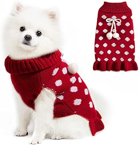 סוודרים לכלבים לכלבים קטנים, סוודר כלבים מנוקדת עם פום פום כדור סוודר חתול חם סריגי טורלנק סוודרים לכלבים קטנים, אדום, ים