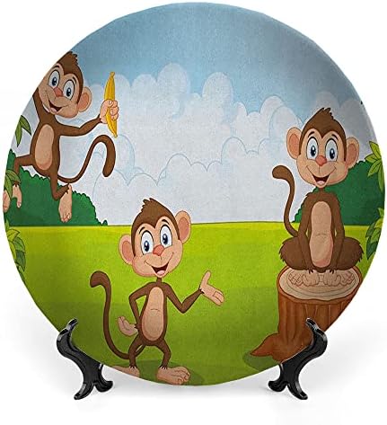 צלחת תצוגה קרמיקה של ליגוטרים, צלחת דקורטיבית קרמיקה משתלת, שלושה קופים שמשחקים בבננה יער טרופי, 8 אינץ