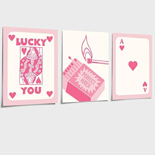 בציר ורוד מלכת אייס של לבבות פוקר פוסטרים סט של 3 עבור חדר אסתטי מזל אתה משחק כרטיס בד קיר אמנות טרנדי קזינו נושא קיר