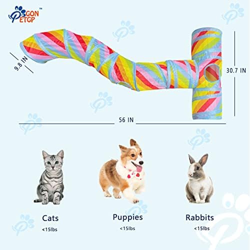 מנהרת חתולים לחתולים מקורה גדולים 2 ב -1, עם כדור S-SHAPE 3 דרך צבעונית צבעונית הצצה אינטראקטיבית של חור חיית
