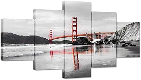 שחור ולבן 5 חתיכות בד קיר אמנות זהב שער גשר סן פרנסיסקו קליפורניה נוף תמונה מודפס על בד ממוסגר קיר תפאורה אמנות מוכן