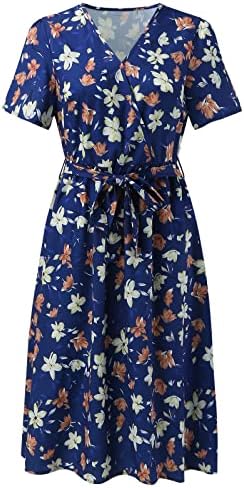 שמלת כיס מזדמן נשים קיץ שרוול קצר הדפס פרחוני V צוואר מקסי שמלה דקה עם שמלה עליונה לחגורה לנשים