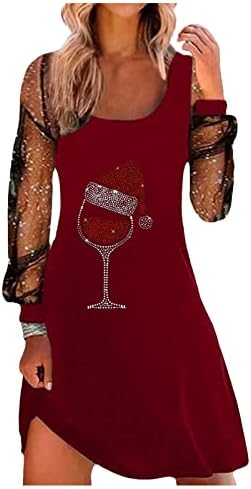 נשים חג המולד יין זכוכית ריינסטון טוניקת שמלות רשת צרוף ארוך שרוול חולצה שמלת סקופ צוואר חג מיני שמלה