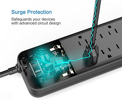 רצועת חשמל, מגן מתח MKSENSE עם 10 שקעים ו -3 יציאות USB ויציאת USB -C 1, 1875W/15A, 3600 ג'ול, תקע שטוח, שקעים