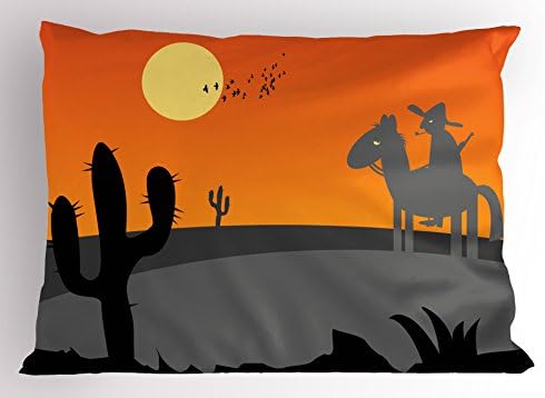 Ambesonne Southwestern Pillow Shame, Cartoon Cartoon Style נוף מדברי מקסיקו חם עם קקטוס Saguaro ורוכב סוסים, ציפית מודפסת בגודל