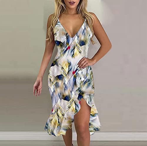 שמלות קיץ לנשים מקרית פרחוני הדפסת ספגטי רצועת צווארון ללא שרוולים לפרוע מידי חוף שמלה