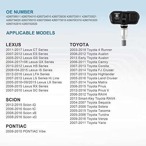 חיישן לחץ צמיג דורנאטה 315 מגה הרץ TPMS תואם ל- Lexus Toyota 4runner Avalon Scion החלפת פונטיאק עבור 4260702010 4260706011 1