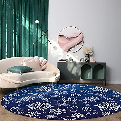 שטיח שטח עגול גדול לחדר שינה בסלון, שטיחים 6ft ללא החלקה לחדר ילדים, פתיתי שלג לחג המולד חיל כחול כחול רחיץ שטיח שטיח