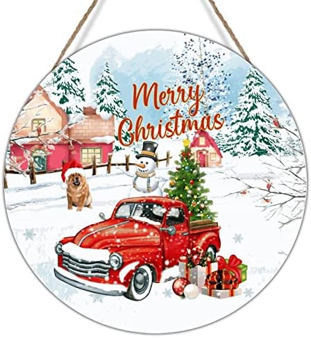 בית חווה אדום במשאית אדומה שלג עץ קיר אמנות שלט חג מולד שמח איש שלג כלב עץ פלאק חג המולד דלת כניסה זר כלב חג