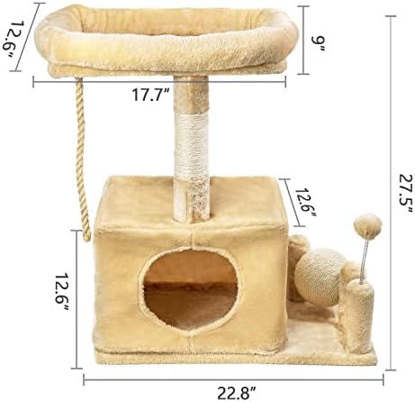 דירת עץ חתול, מגדלי חתולים בגודל 27.5 אינץ', עמודי גירוד סיסל קטיפה, צעצועי קיטי וכדורים רכים, בית משחקים מקורה של