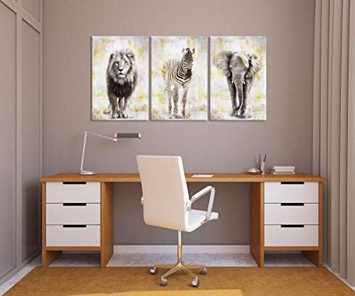 3 חתיכות אפריקאי בעלי החיים קיר אמנות אפור וזהב האריה זברה פיל בציר חיות בר תמונה עבור שינה בית תפאורה נמתח וממוסגר