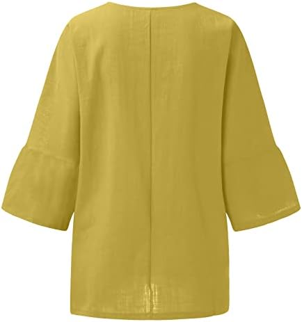 חולצת פשתן צוואר סירה צהובה של אמיקדום לבנות נוער סתיו קיץ 3/4 הדפס שרוול פעמון נינוח בכושר חולצה רגילה מזדמנים נשים UC