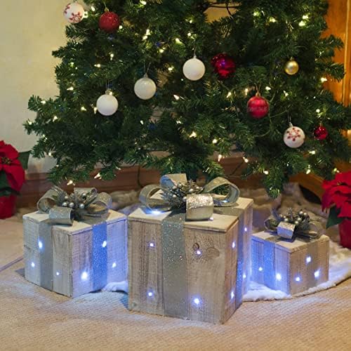 תאגיד אלפיני 3 חלקים קופסת מתנה מעץ עיצוב חג המולד עם נורות LED, כסף