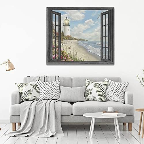 מגדלור קיר ימי אמנות חוף תמונות חוף חוף קנבס מדפיס קישוטי אוקיינוס ​​ציור ממוסגר חלון חלון ים יצירות אמנות מתנות