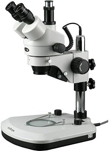 מיקרוסקופ זום סטריאו טרינוקולרי מקצועי של אמסקופ סמ-1 ט-פל, עיניות פי 10, הגדלה פי 7-45, מטרת זום פי 0.7-4.5, תאורת