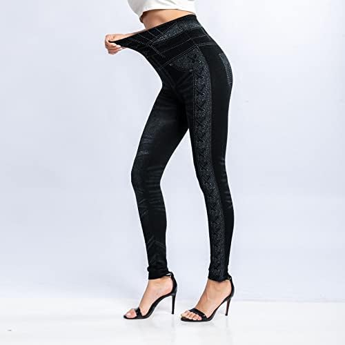 יוגה מכנסיים גבוהה מותן עם כיסי נשים אלסטי ג 'ינס חותלות תרמית פס הדפסת חיקוי ג' ינס חותלות גרביונים