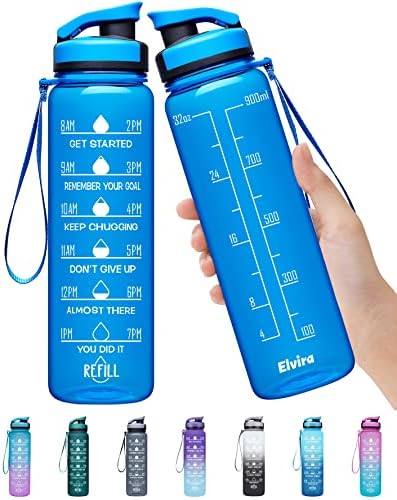 אלווירה 32oz בקבוק מים גדול עם סמן זמן מוטיבציוני ומסננת נשלפת, זרימה מהירה BPA ללא רעיל לכושר, חדר כושר וספורט חיצוני