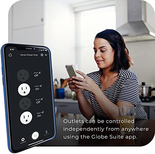 Globe Electric 50573 Wi-Fi Smart Smart 4-Outlet Protector 2 רצועת כוח נמל USB, אפור, אין צורך ברכזת, שקעים מקורקעים
