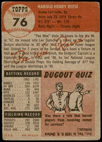 1953 Topps 76 Pee Wee Reese Brooklyn Dodgers Good Dodgers