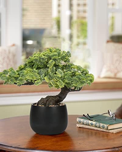 עץ בונסאי מלאכותי ג'וניפר צמחים צמחים מקורה צמחים מזויפים תפאורה עם סירי קרמיקה שחורים לשולחן שולחן שולחן משרדי