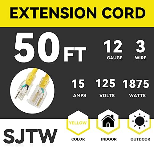 EP 2 Pack 50 ft מואר כבל הרחבה חיצוני - 12/3 SJTW כבל הרחבה צהוב כבד עם 3 תקע מקורקע - כבל חשמל 15 אמפר למדשאה, גינה, מכשירים