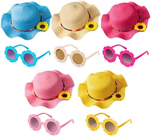 10 יחידות קיץ קש כובע עבור בנות פרח עגול משקפי שמש חמוד גדול ברים חמניות חוף כובע שמש הגנה חוף ילדים משקפי