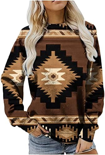 נשים מערבי האצטקים אתני חולצה בציר גיאומטרי גרפי סווטשירט צווארון עגול רופף בכושר חולצה מזדמן ארוך שרוול טוניקת חולצות