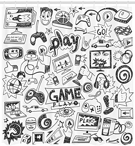 משחקי וידאו משחקי וידאו וילון מקלחת, סקיצה מונוכרום בסגנון משחק עיצוב משחקים מירוץ מירוץ מכשיר מכשיר גאדג'ט נוער
