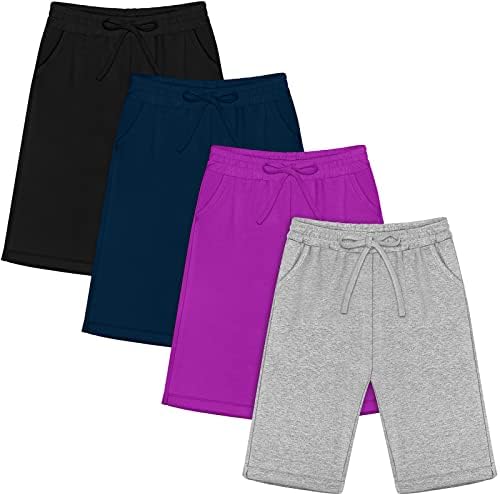 RESINTA 4 חבילה מכנסיים אתלטיים של בנות בנות כותנה רכה בנות רכות מכנסיים קצרים עם משיכה ומכנסי ספורט בכיסים לילדים