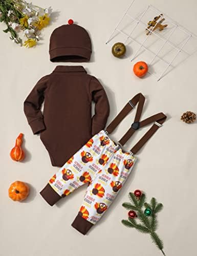 התלבושת הראשונה שלי לתינוק חג ההודיה, רומפר שרוול ארוך עם עניבת פרפר + מכנסיים מודפסים הודו חמוד + כובע 3 יחידות