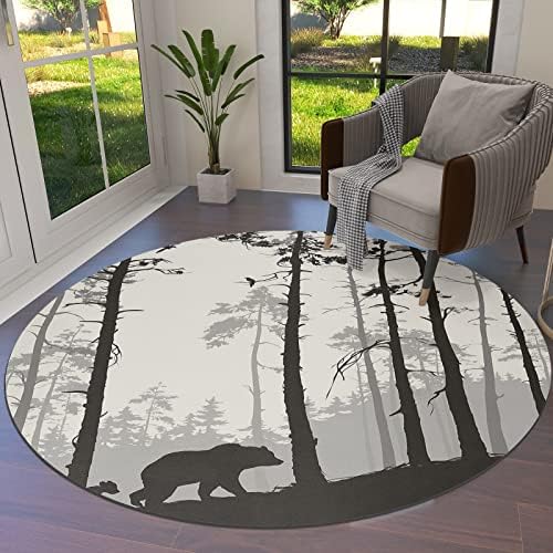 שטיח שטח עגול גדול לחדר שינה בסלון, שטיחים 5ft ללא החלקה לחדר ילדים, צללית דוב אורן עצי