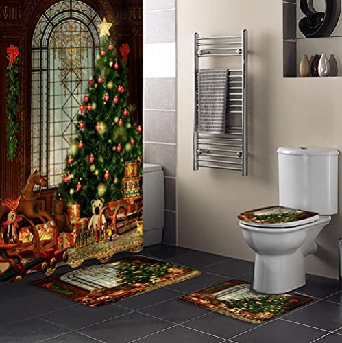 פעמוני חג המולד עץ חג המולד חלונות מקלחת וילונות עמיד למים אמבטיה וילון אסלת כיסוי מחצלת שטיח סט עבור אמבטיה דקור-מחצלת _