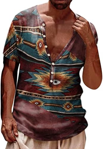XXBR Mens Aztec Henley חולצות 3D רטרו בוהו כפתור הדפסה נ 'צוואר צוואר קז'ואלים חולצת חוף גרפית שרוול קצר
