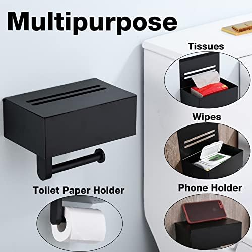 מחזיק נייר טואלט Trustmi עם טלפון אחסון מדף עומד על כיסוי קופסת קיר קיר רכוב אמבטיה מרובע רטוב מארגן פנים רטוב, שחור מט