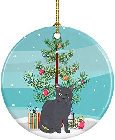 אוצרות קרוליין CK4777CO1 Nebelung CAT קישוט קרמיקה לחג המולד שמח, קישוטים לעץ חג המולד, קישוט תלוי לחג המולד,