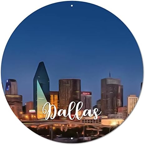 שלט פח מתכת עגולה אמריקאית טקסס מדינת דאלאס סיטי סקייליין נוף עיר סיטי נוף נוף וינטג