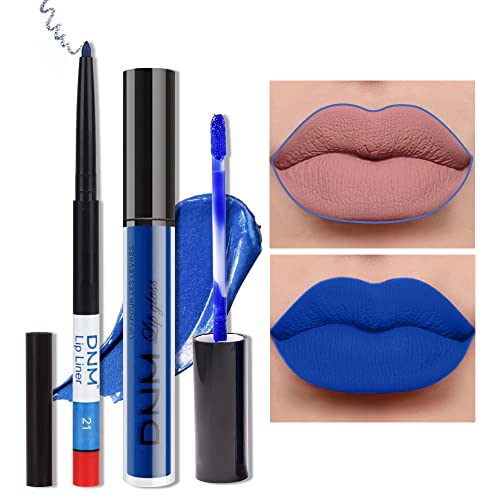 2 יחידות סט איפור שפתון נוזלי מט כחול בהיר מלכותי ותוחם שפתיים עיפרון שפתון כחול 24 שעות ועם סט תוחם שפתיים עמיד למים לאורך