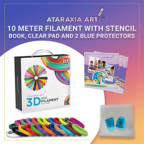 Ataraxia אמנות 3D עט עט מילוי נימה, 24 צבעים, כל אחד 33 רגל בסך הכל 782 רגל, נימה תלת -ממדית עם ספר שבלונות, נייר הדפסת