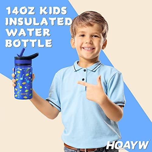 HQAYW 18/8 בקבוק מים לילדים נירוסטה, בקבוקי מים מבודדים 14oz עם קש, בקבוק מים לבנים לבית הספר, בקבוק מים לילדים