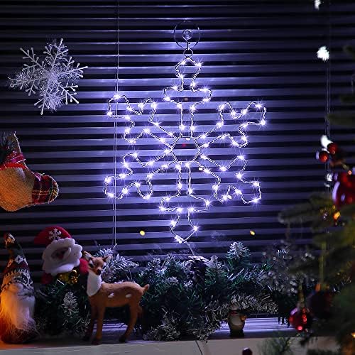 אורות צללית חלון חג המולד, 70 נוריות LED אורות פתית שלג לבנים קרירים, קישוטי פתית שלג ענקית עם טיימר מרחוק USB מופעל