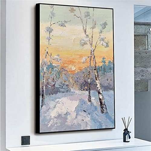 חורף שלג עץ מחוץ זריחת יפה גדול גודל יד צבוע עבה שמן ציור קיר אמנות עיצוב הבית