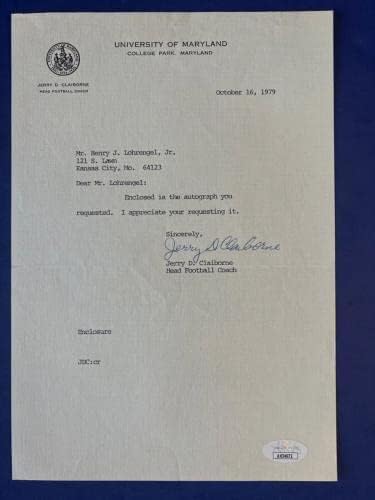 ג 'רי קליירבורן חתם 7.25איקס 10.5 מכתב מאוניברסיטת מרילנד 1979 ג' יי. אס. איי. ק. א. - חתימות חתוכות במכללה