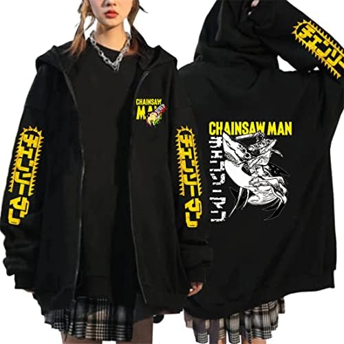 Wolrath Chainsaw Man anime anisex Gleece Stepshirt הדפס Zip Up' Up Foodie ז'קט עם כיס ， קפוצ'ונים שחורים