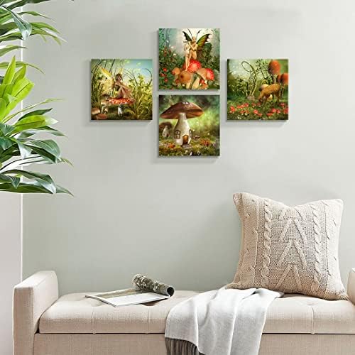 סט של 4 אגדות קיר אמנות ירוק טבע הפלאות תמונות פרח פיות על פטריות בד הדפסי קיר תפאורה מודרני ממוסגר יצירות אמנות לילדים