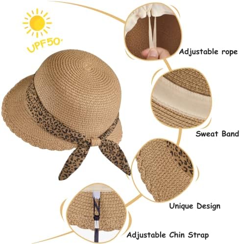 כובע שמש קש של בנות עם רצועת סנטר ושתי סיכות חמודות הגנה על חוף קיץ