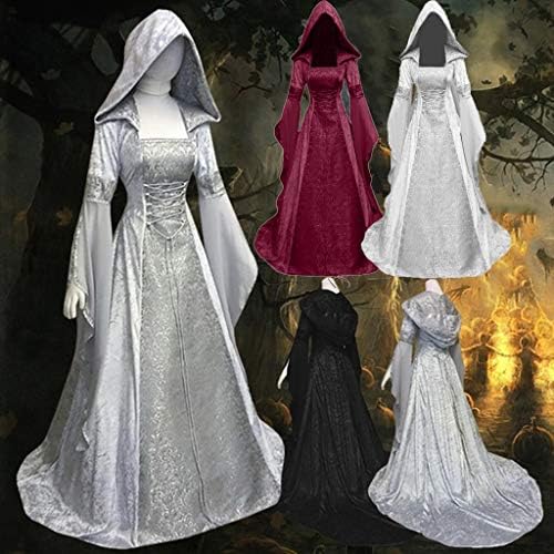 מכשפה שמלת נשים בציר ברדס מכשפה גלימת שמלת חצוצרת שרוול מימי הביניים חתונה שמלת ליל כל הקדושים קוספליי שמלה