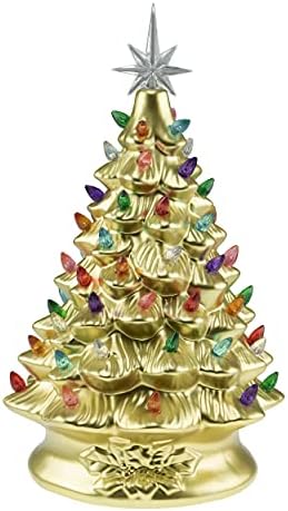 יצירות חכמות בגודל 15 אינץ 'מואר מדרג קרמיקה עץ חג המולד, קישוט חג צבוע ביד עם אורות צבעוניים, זהב