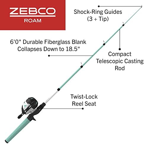 ZEBCO ROAM חכה טלסקופית חכה וספינינג או ספינסט דיג משולבת, מוט פיברגלס עמיד בן 6 רגל עם ידית ComfortGrip, לבבול מראש